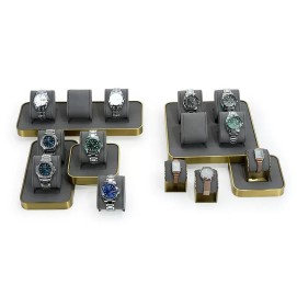 Luxury New Gold Trim Dark Gray Velvet Watch Display Holder Stands