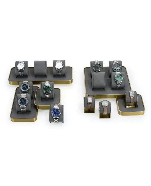 Luxury New Gold Trim Dark Gray Velvet Watch Display Holder Stands