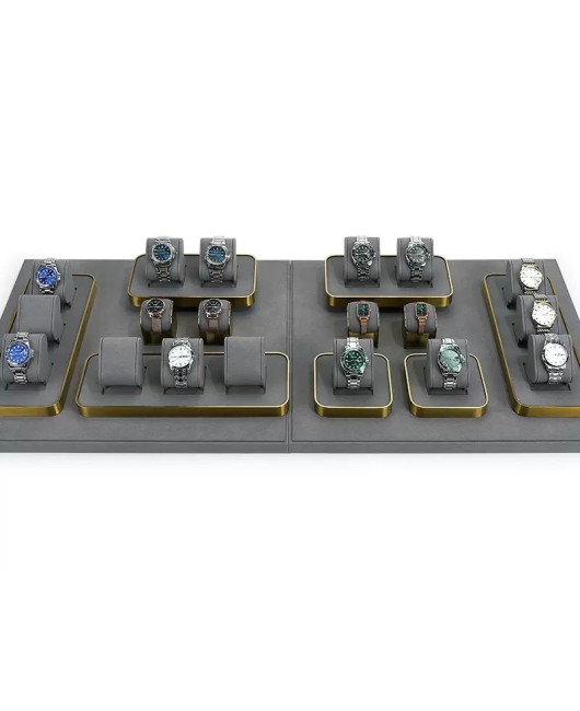 New Gold Trim Dark Gray Velvet Watch Holder Tray