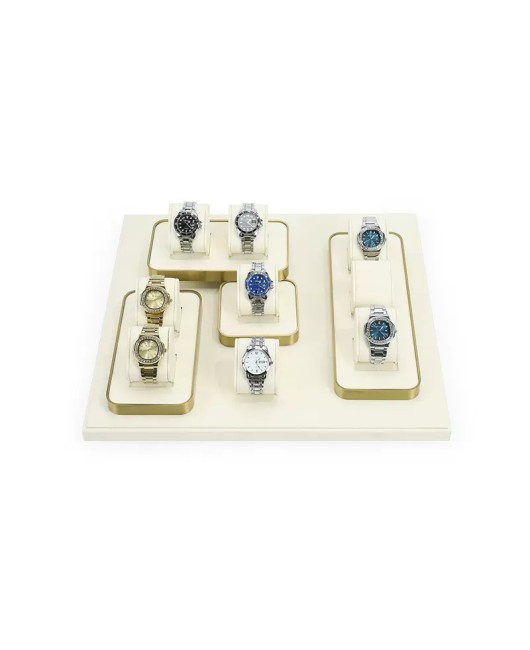 Luxury Gold Trim Off White Velvet Watch Holder Stand Tray
